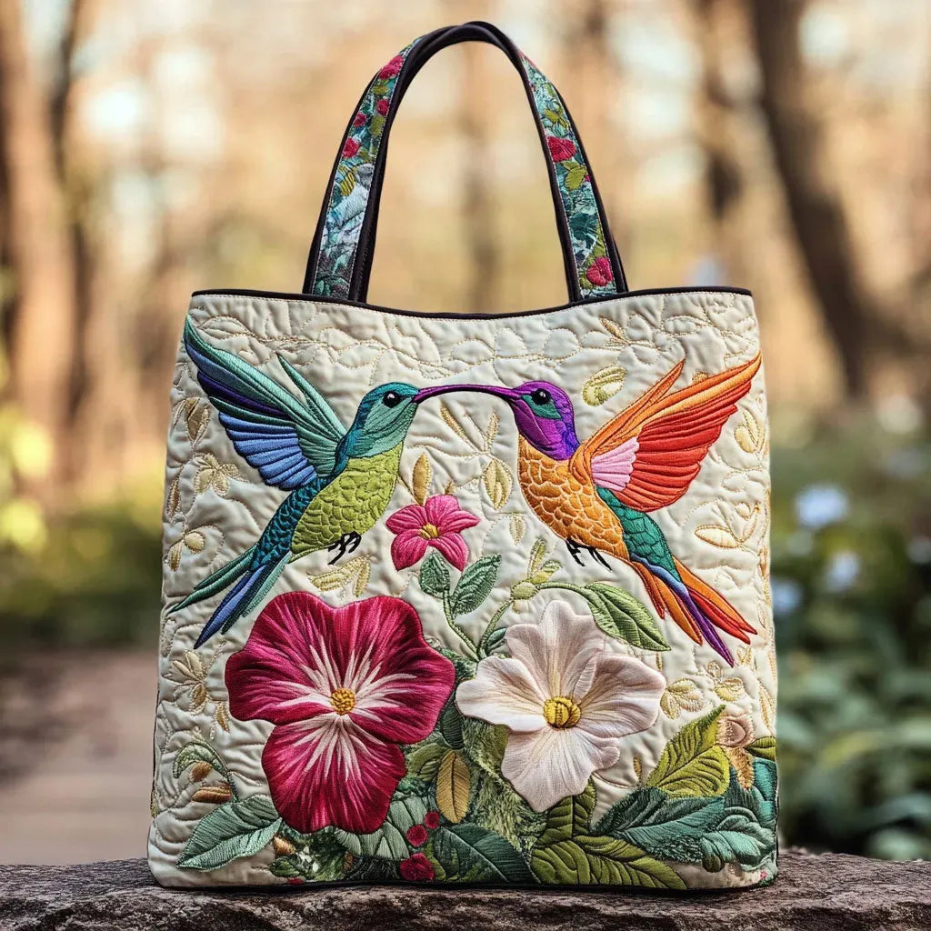 Bolso tote acolchado crema con dos colibríes y flores de hibisco