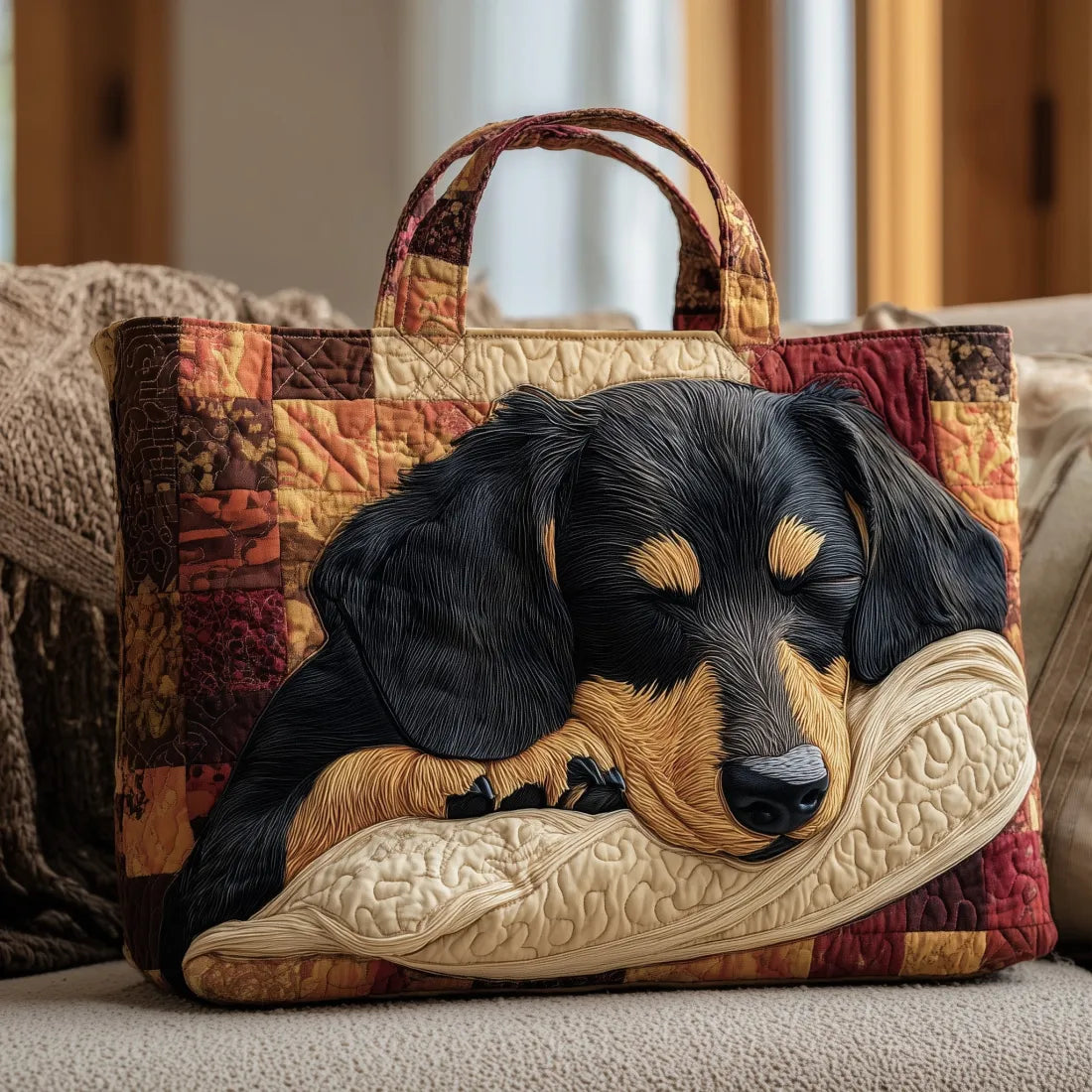 Bolso tote acolchado patchwork con perro teckel dormido sobre cojín