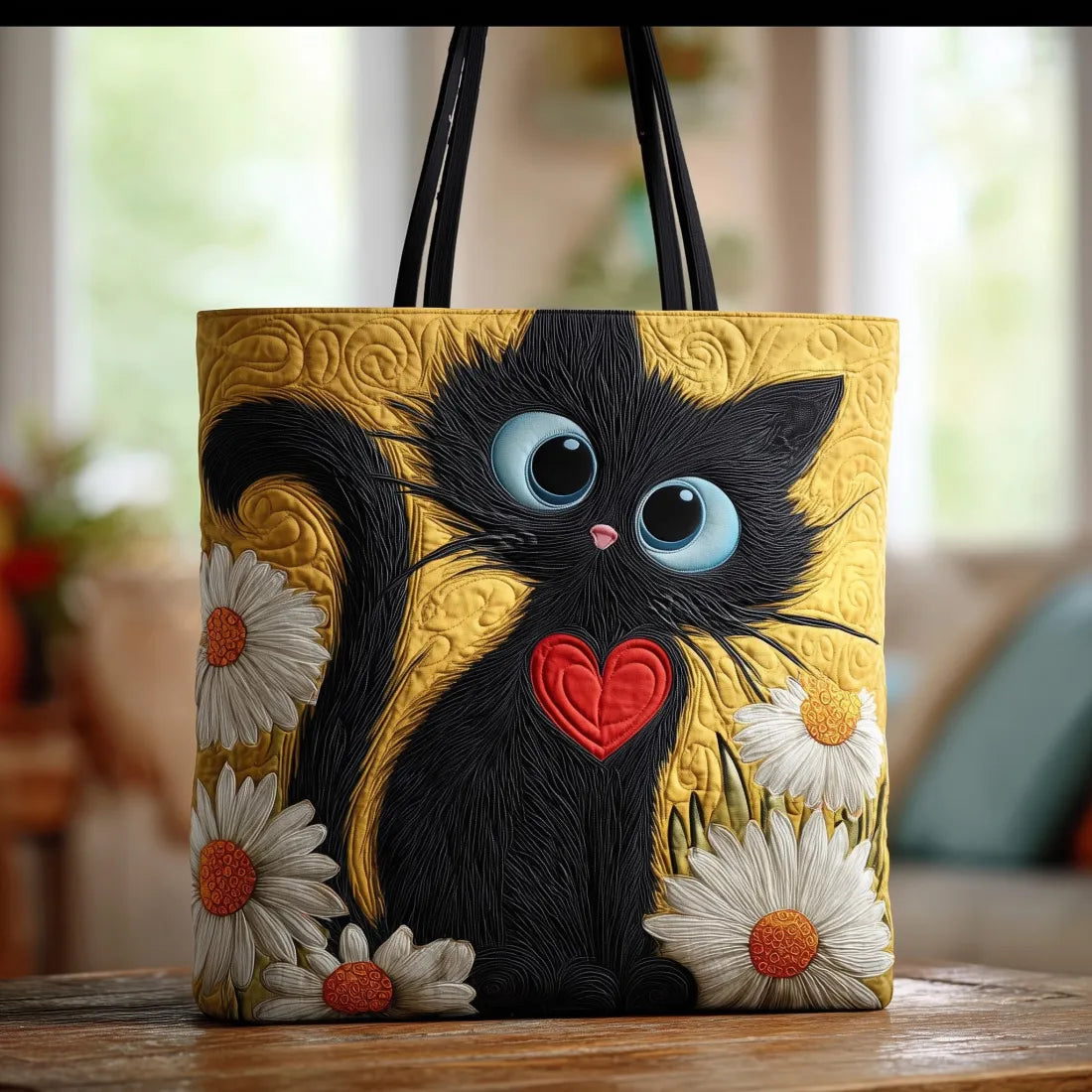 Bolso tote acolchado amarillo con gato negro, corazón rojo y margaritas
