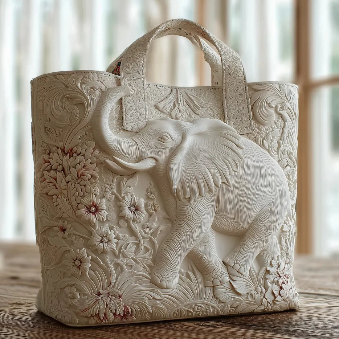 Bolso tote acolchado blanco con elefante en relieve monocromo