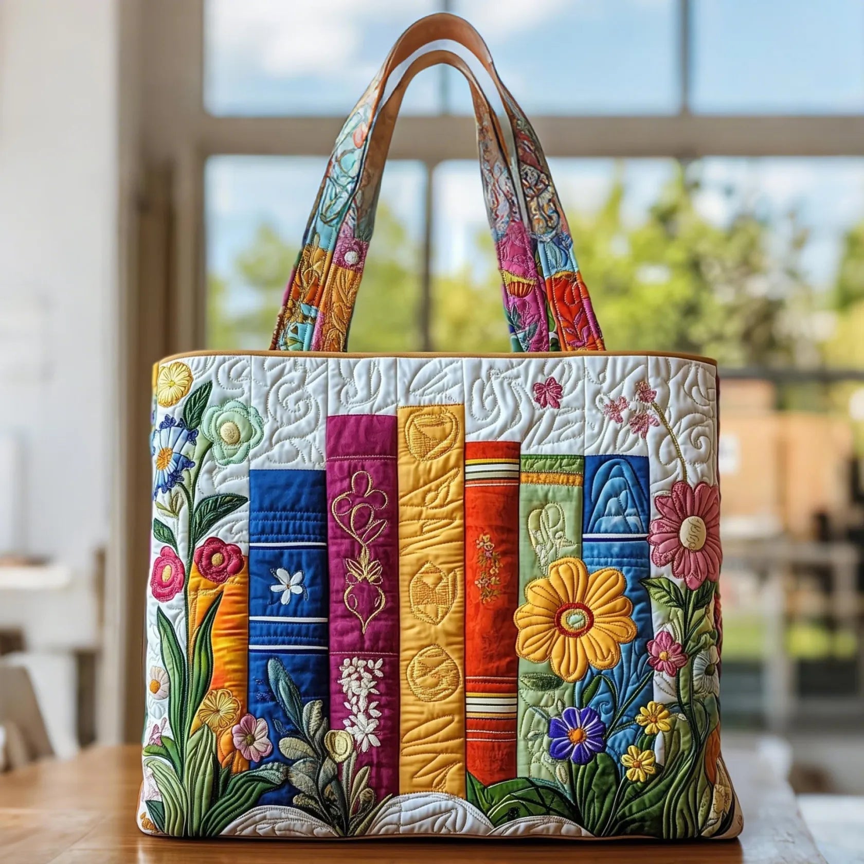 Bolso tote acolchado con lomos de libros de colores vivos y flores