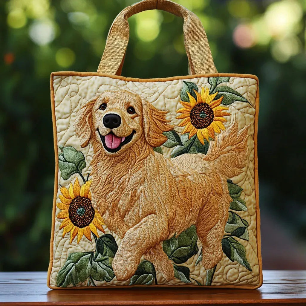 Bolso tote acolchado beige con golden retriever y girasoles