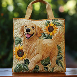 Bolso tote acolchado beige con golden retriever y girasoles