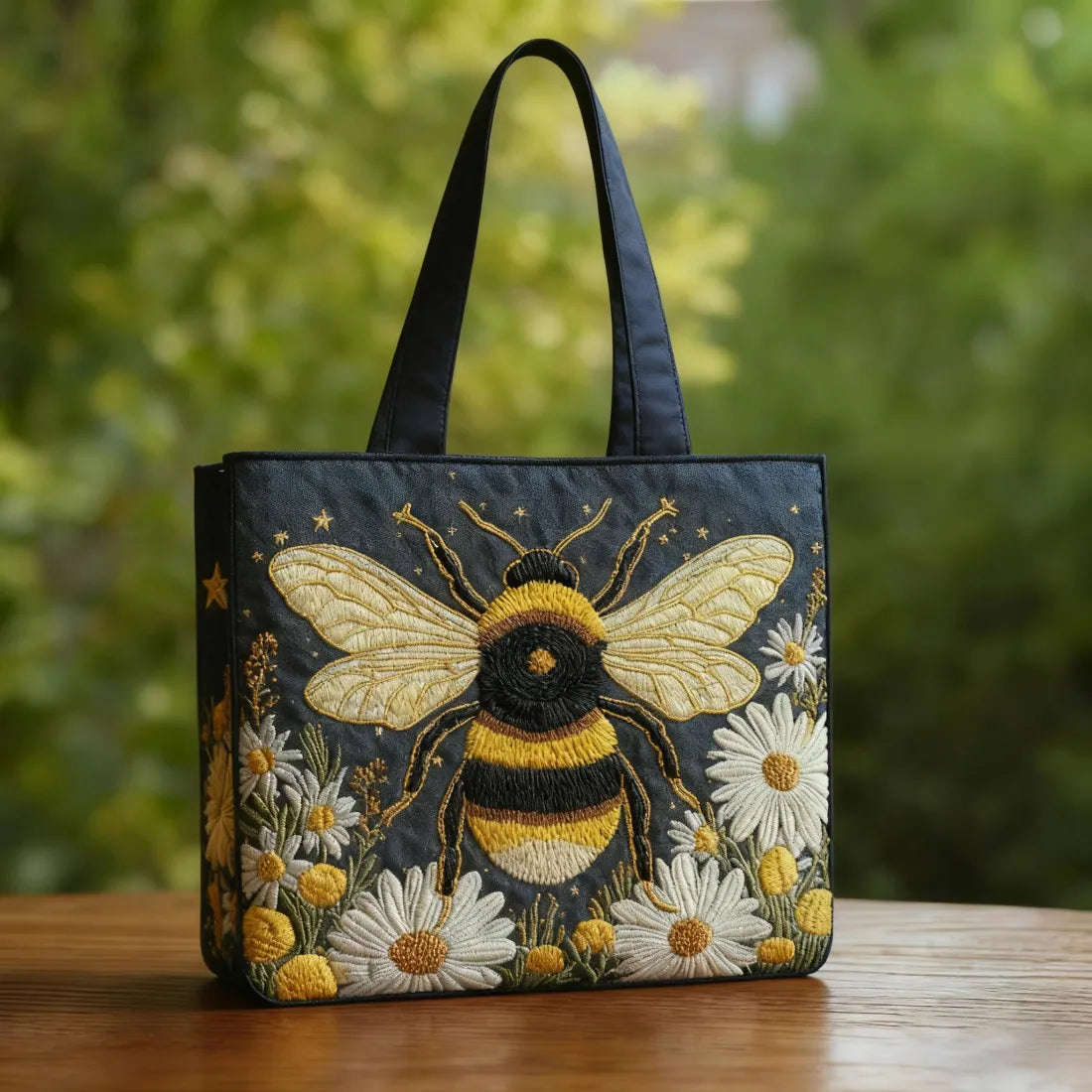 Bolso tote acolchado oscuro con abeja, margaritas y estrellas doradas
