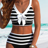 Pilar - Bikini de Rayas Blanco y Negro con Tiro Alto