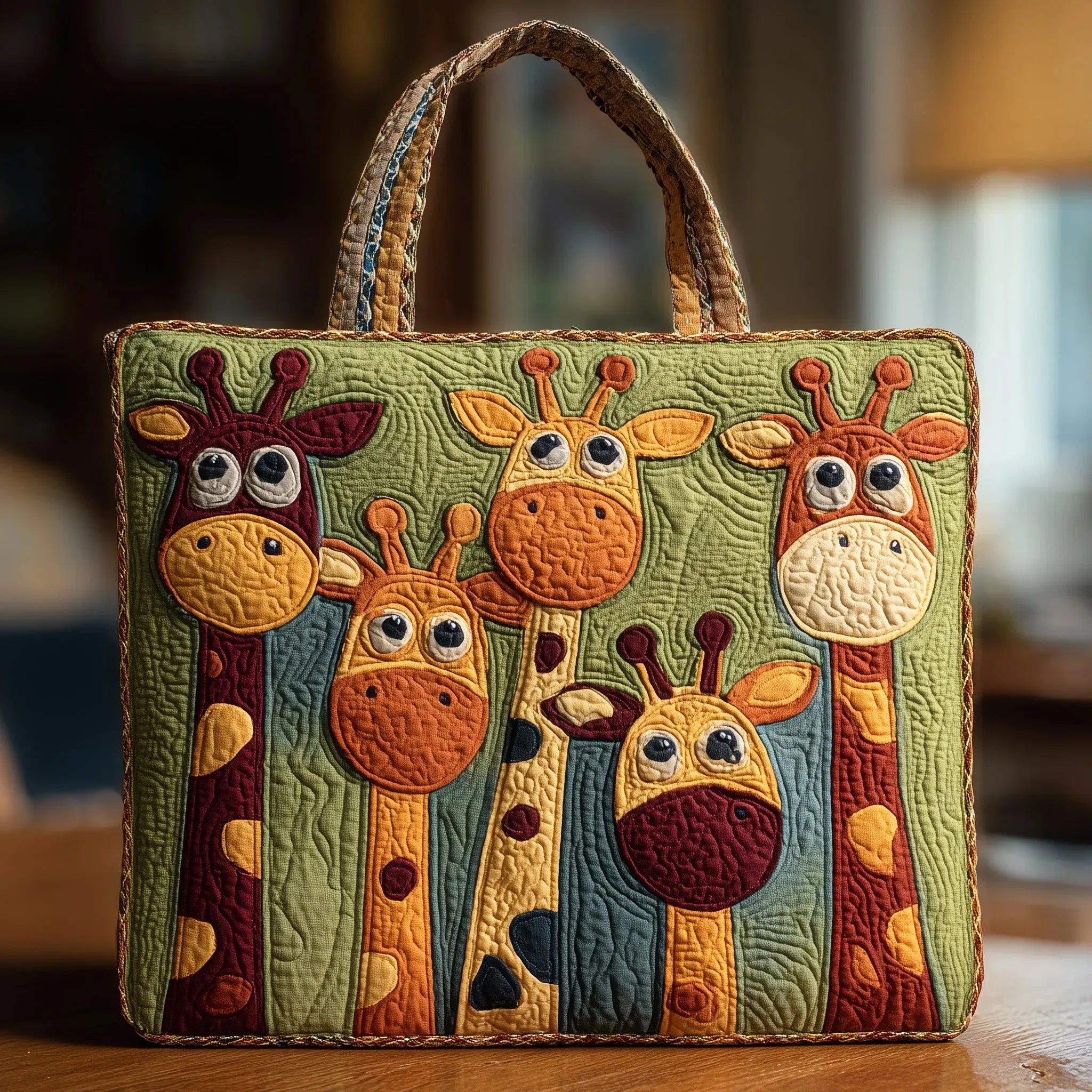 Bolso tote acolchado verde con familia de jirafas divertidas