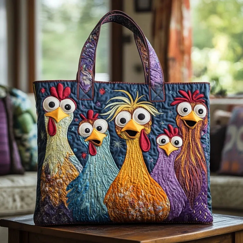 Bolso tote acolchado morado y dorado con gallinas divertidas de ojos saltones