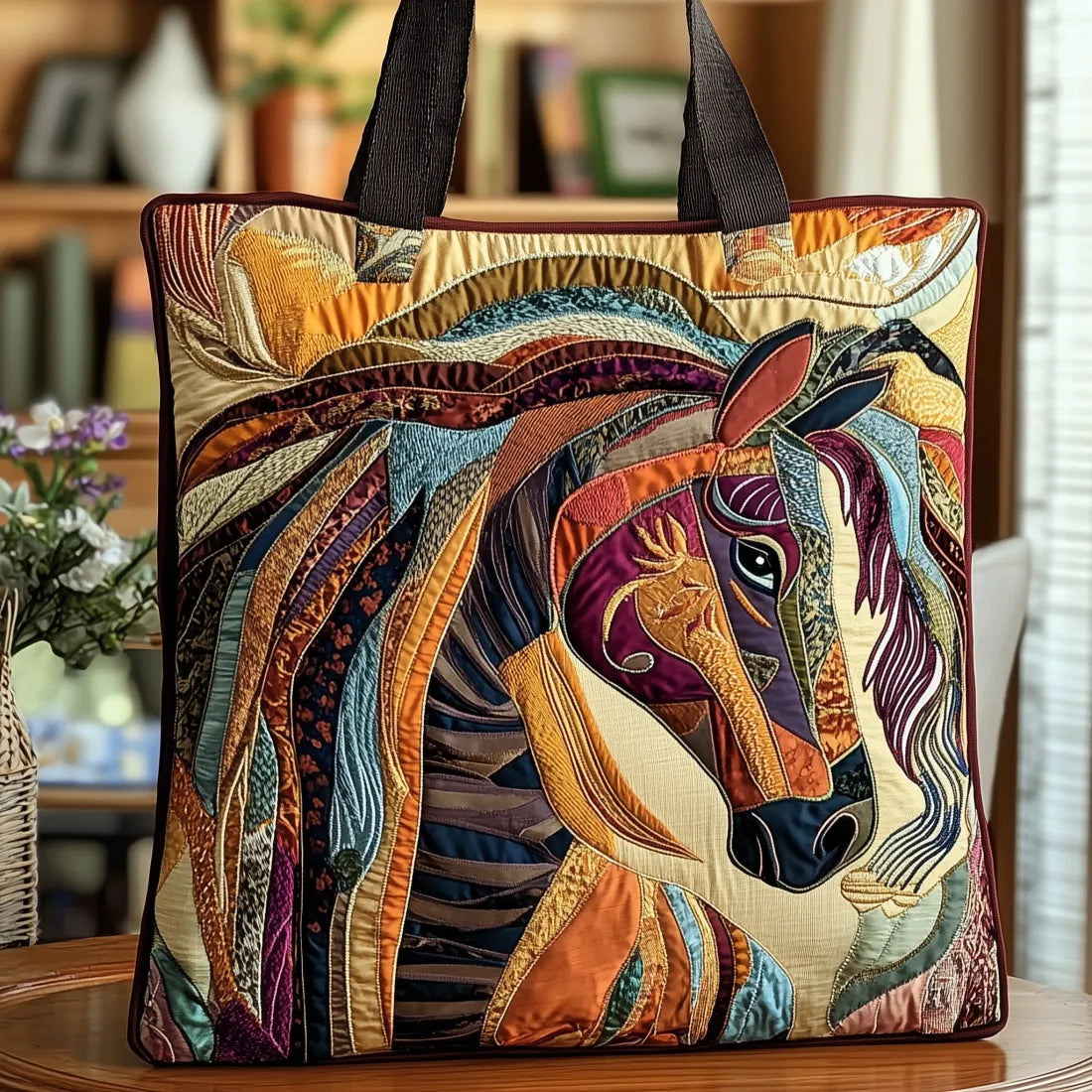 Bolso tote acolchado con cabeza de caballo en mosaico multicolor