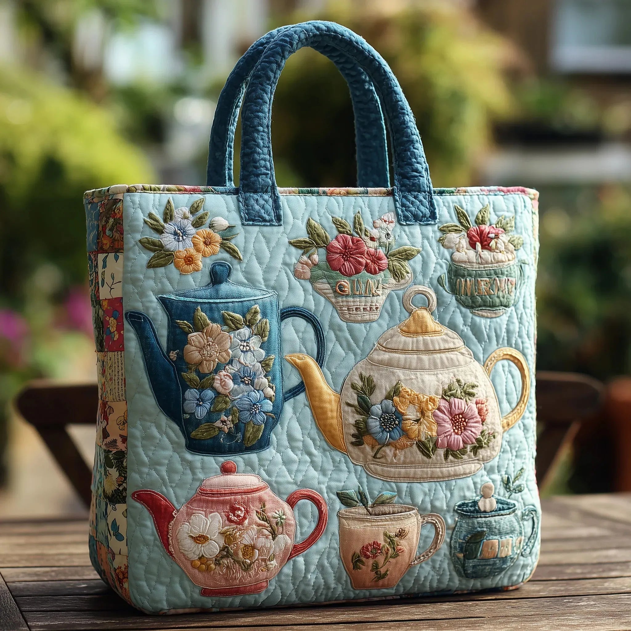 Bolso tote acolchado celeste con teteras, tazas y flores