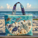 Bolso tote acolchado turquesa con tortugas marinas y conchas, asas de patchwork