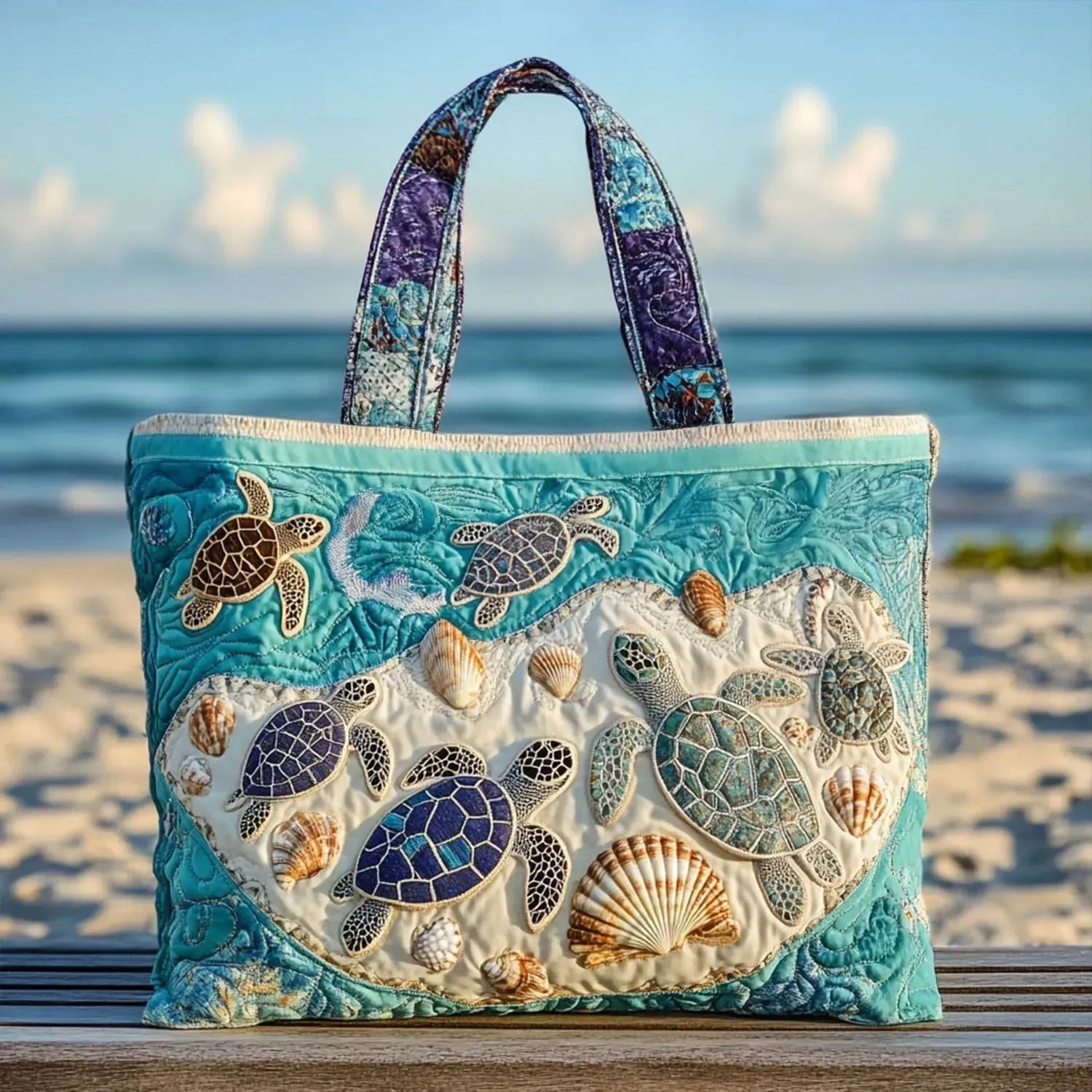 Bolso tote acolchado turquesa con tortugas marinas y conchas, asas de patchwork