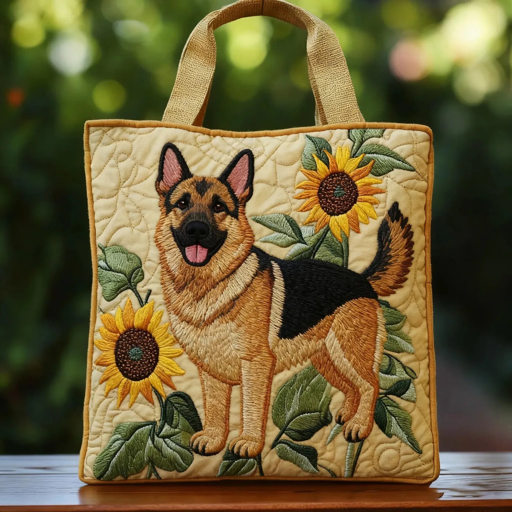 Bolso tote acolchado beige con pastor alemán y girasoles