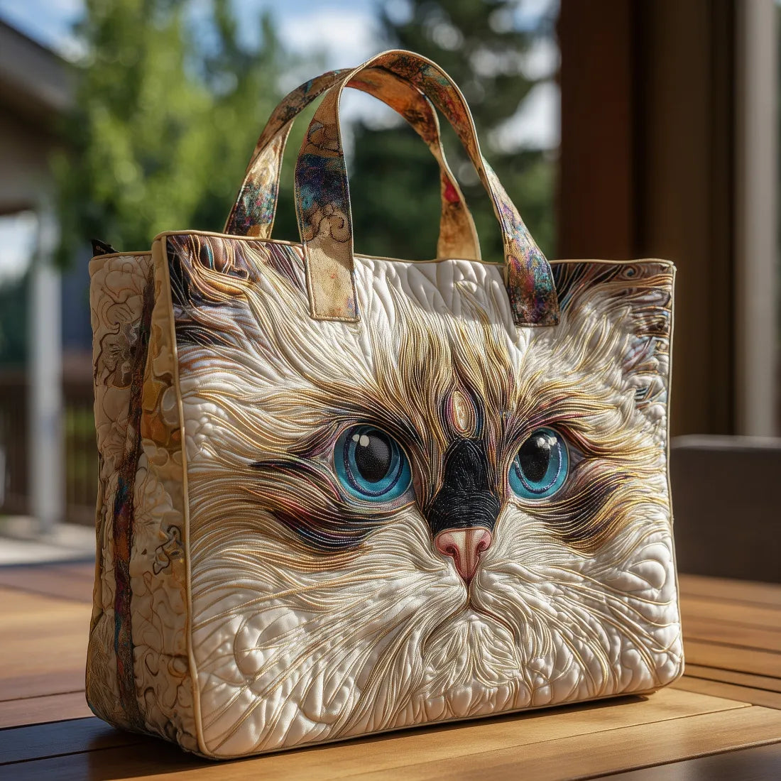 Bolso tote acolchado con cara de gato siamés de ojos azules