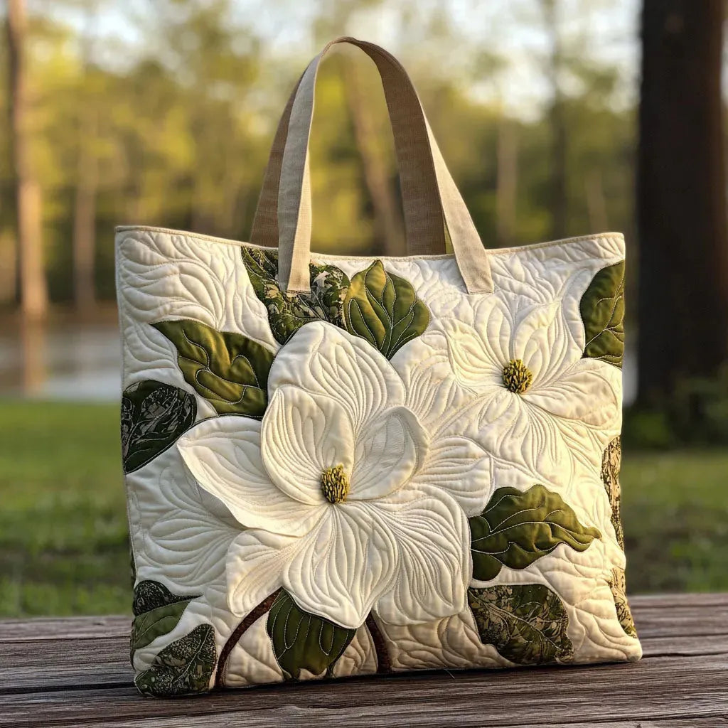 Bolso tote acolchado crema con magnolias blancas en relieve y hojas verdes