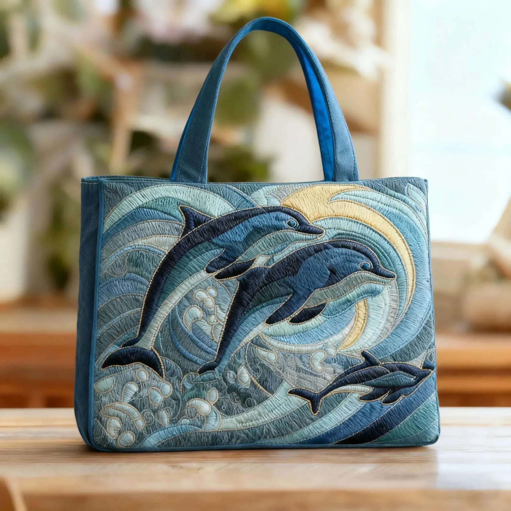 Bolso tote acolchado azul con delfines saltando entre olas