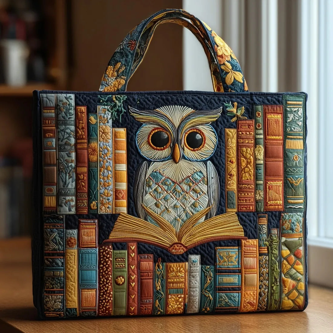 Bolso tote acolchado con búho sobre libro abierto entre lomos de libros de colores