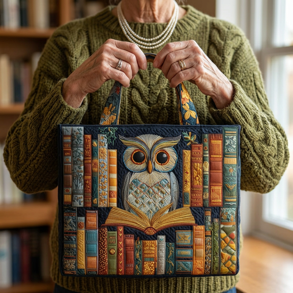 Modelo con el bolso tote Búho y Libros