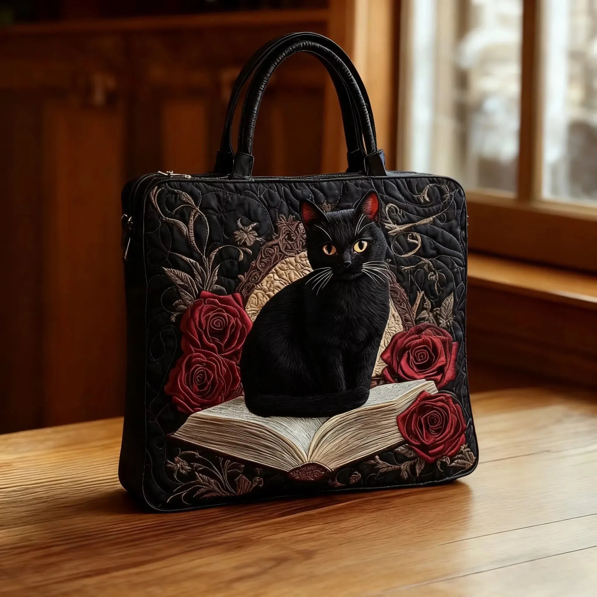 Bolso tote acolchado negro con gato negro sobre libro abierto y rosas rojas