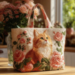 Bolso tote acolchado crema con gato rojizo y blanco entre rosas rosadas