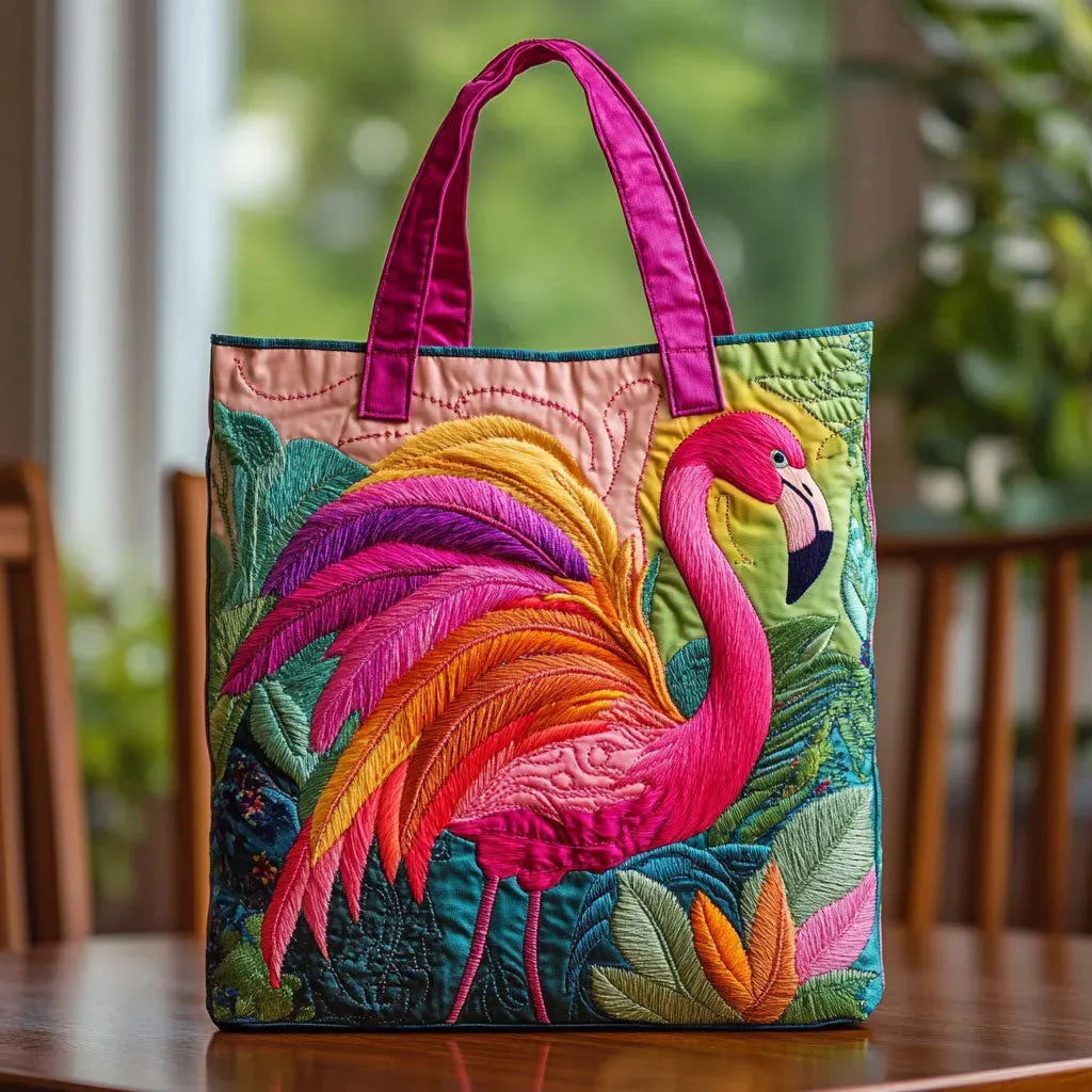 Bolso tote acolchado con flamenco rosa y hojas tropicales