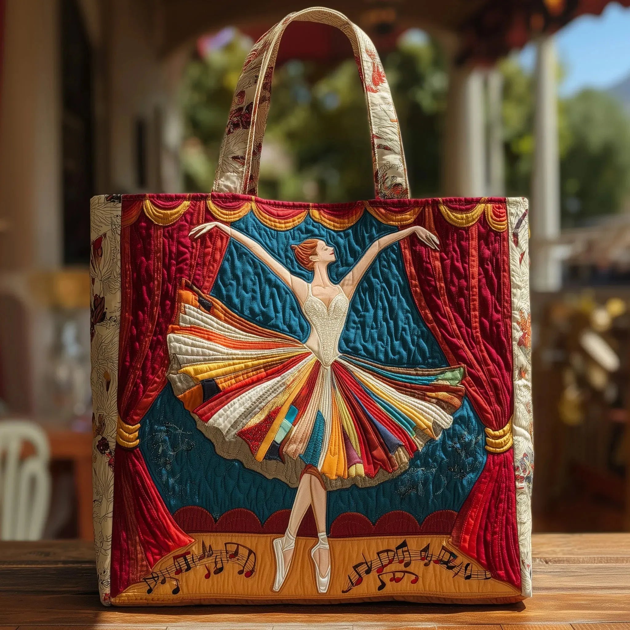 Bolso tote acolchado con bailarina en escenario de cortinas rojas
