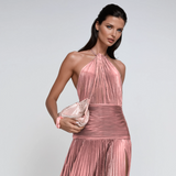 Silvia - Vestido Largo Metalizado Rosa con Cuello Halter y Abertura