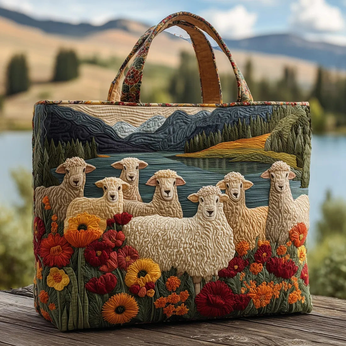 Bolso tote acolchado con rebaño de ovejas junto a un lago de montaña y flores naranjas