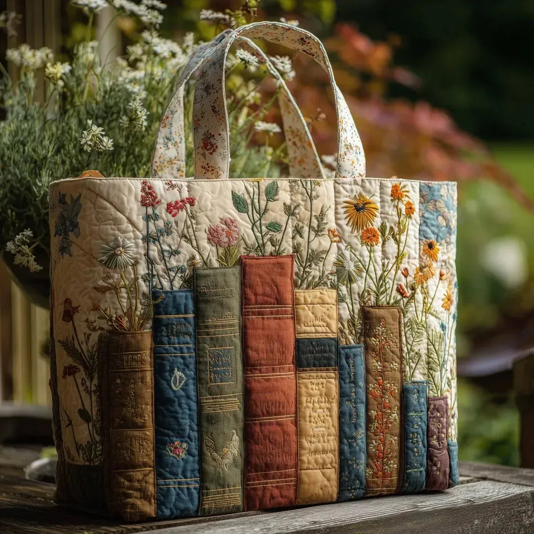 Bolso tote acolchado rústico con lomos de libros y flores silvestres