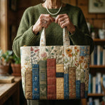 Modelo con el bolso tote Libros y Flores Silvestres
