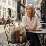 Modelo con el bolso tote Libros y Flores Silvestres