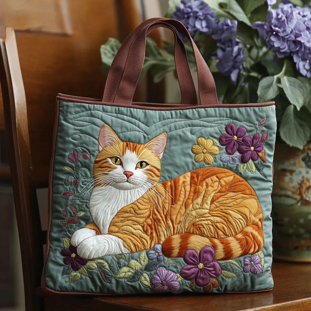 Bolso tote acolchado verde grisáceo con gato naranja y blanco entre flores