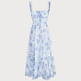 Renata - Elegante Vestido Midi Azul con Estampado Floral