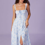 Renata - Elegante Vestido Midi Azul con Estampado Floral