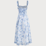 Renata - Elegante Vestido Midi Azul con Estampado Floral