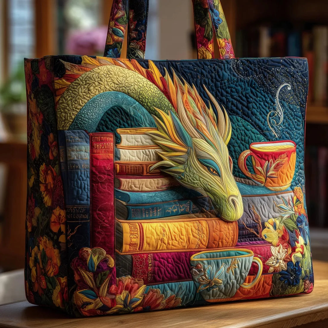 Bolso tote acolchado oscuro con dragón dormido sobre libros y taza roja