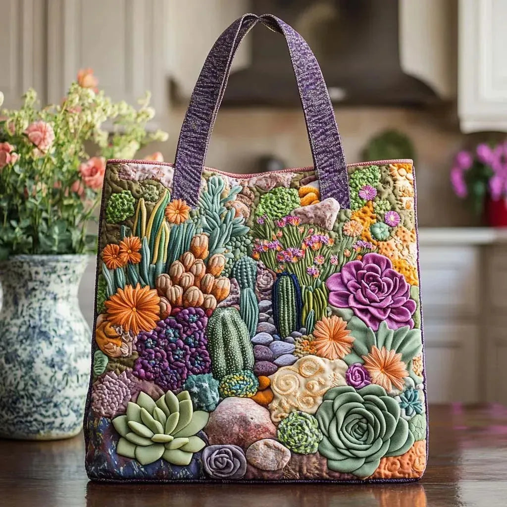Bolso tote acolchado con jardín de suculentas y cactus de colores