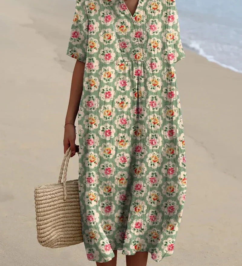 Eulalia - Vestido Floral Retro en Verde Agua