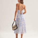 Clara - Vestido Midi Azul con Estampado Floral