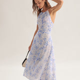 Clara - Vestido Midi Azul con Estampado Floral
