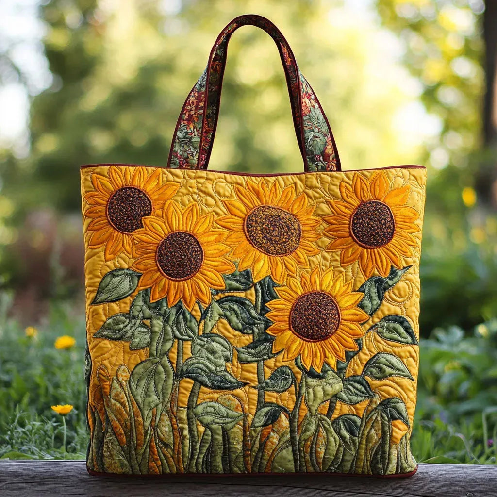 Bolso tote acolchado amarillo con girasoles grandes y hojas verdes