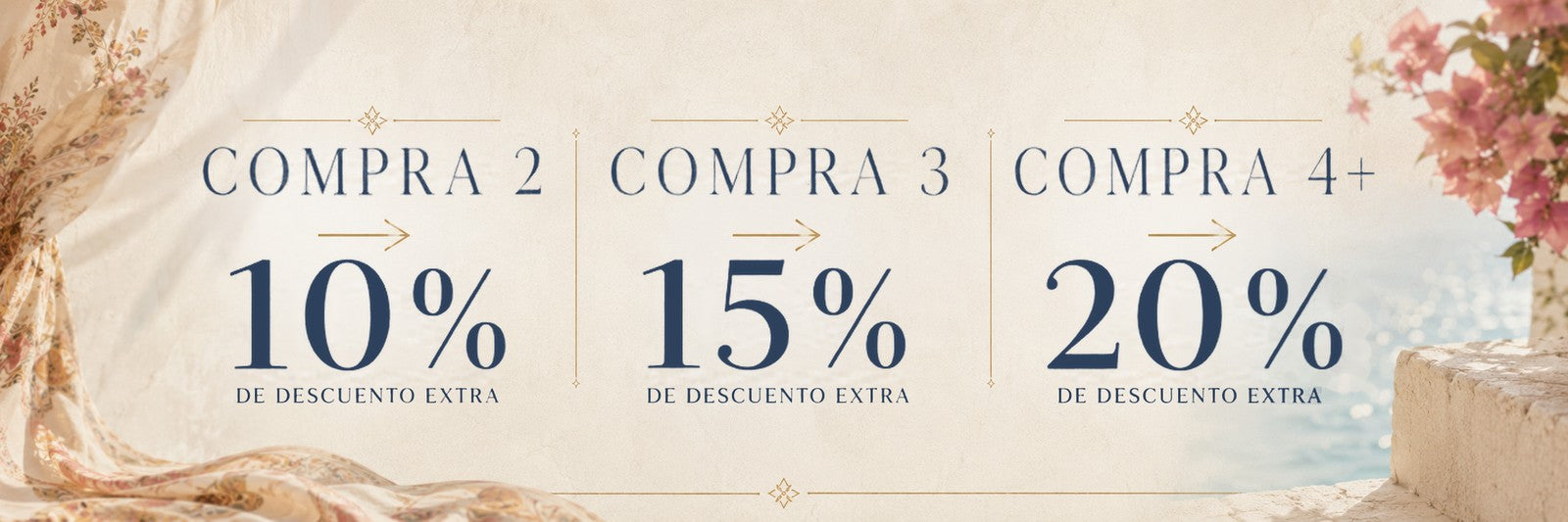 Compra 2: 10% de descuento extra · Compra 3: 15% · Compra 4+: 20%